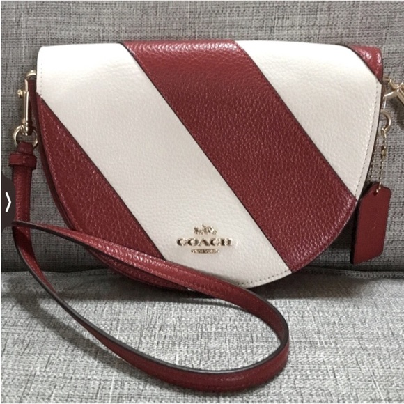 Coach Handbags - Coach Ellen Half Moon Red & White Striped Genuine Leather Crossbody Bag